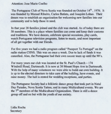 Letter from the Secretary of The Portuguese Club of Nova Scotia