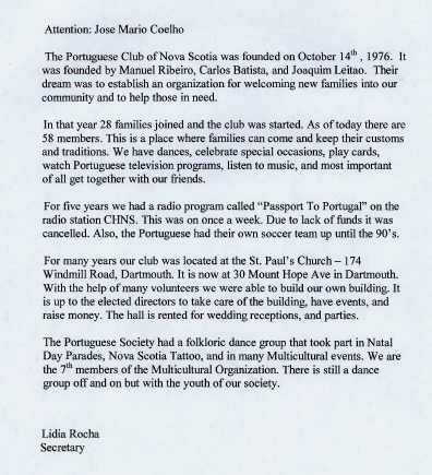 Letter from the Secretary of The Portuguese Club of Nova Scotia