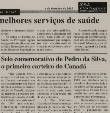 SOL PORTUGUES: Selo comemorativo de Pedro da Silva o primeiro carteiro do Canada 2002/10/04