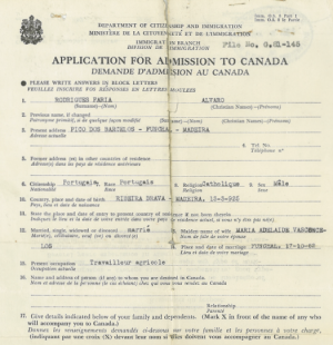 CANADA: Application for Admission to Canada—Alvaro Faria Rodrigues (1953)