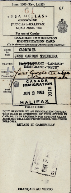 CANADA: Immigration Identification Card—José Garces Teixeira Camarata (1953)