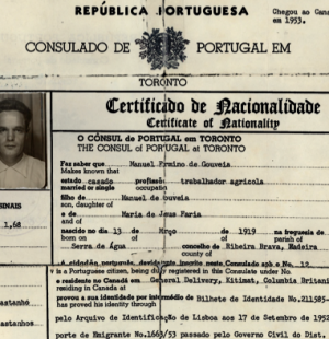 PORTUGAL: Certificate of Nationality—Manuel Firmino de Gouveia (1957)
