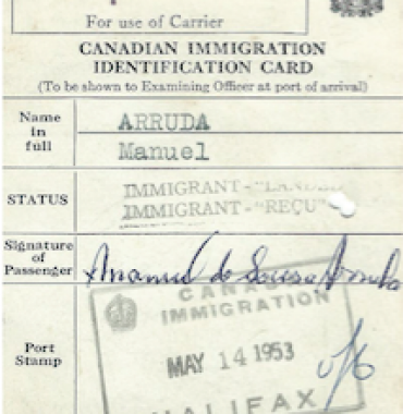 CANADA: Immigration Identification Card—Manuel Arruda (1953)