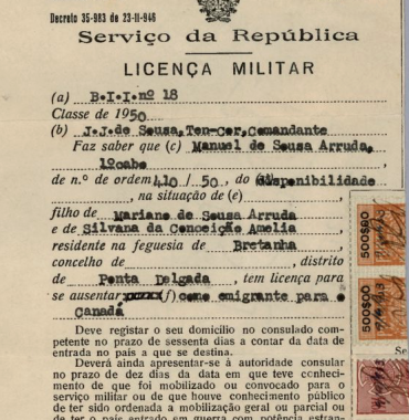 PORTUGAL: Licença Militar—Manuel de Sousa Arruda (1953)