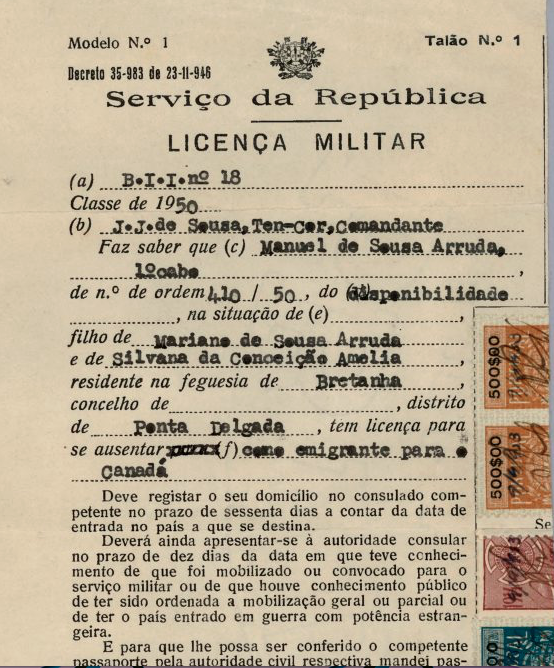 PORTUGAL: Licença Militar—Manuel de Sousa Arruda (1953)