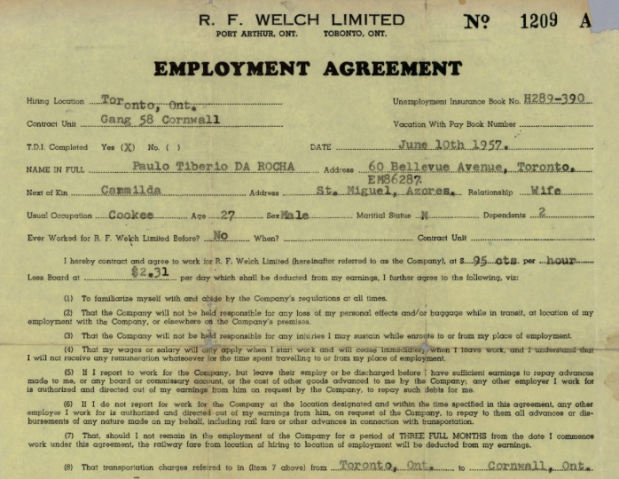 R. F. Welch Employment Agreement—Paulo Tiberio da Rocha (1957)